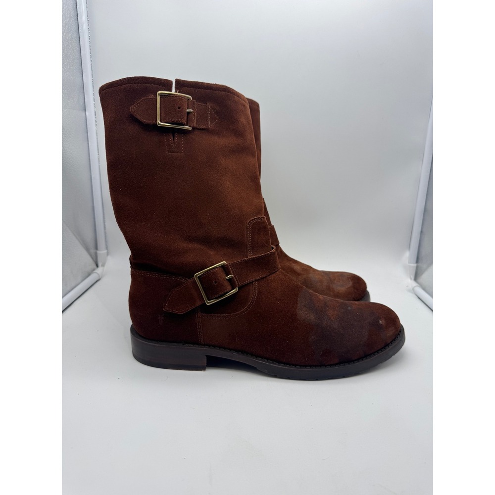 FRYE Veronica Cognac Brown Suede Leather Combat‎ Buckle Boots Sz11B READ!!